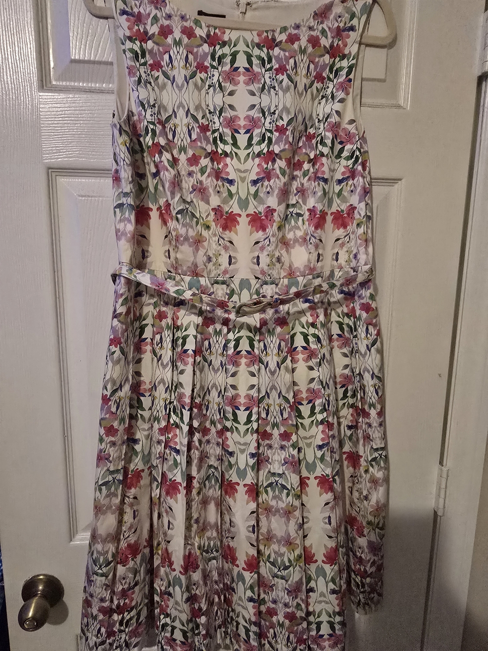 Talbots Cream Floral Fit-and-Flare Dress with Belt